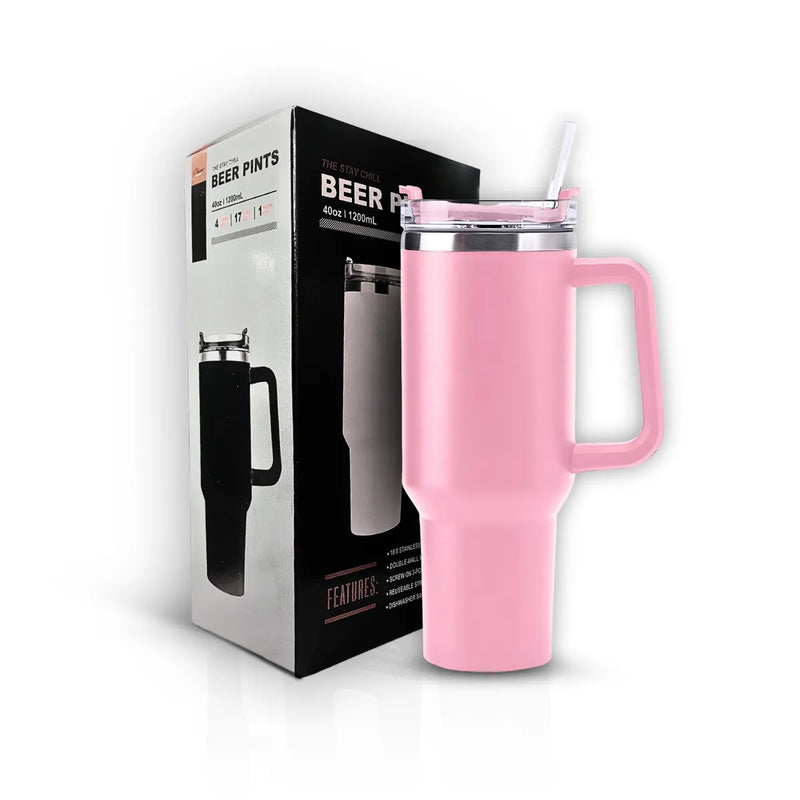 Copo Térmico; Grande 1200 Ml Canudo Rosa Claro